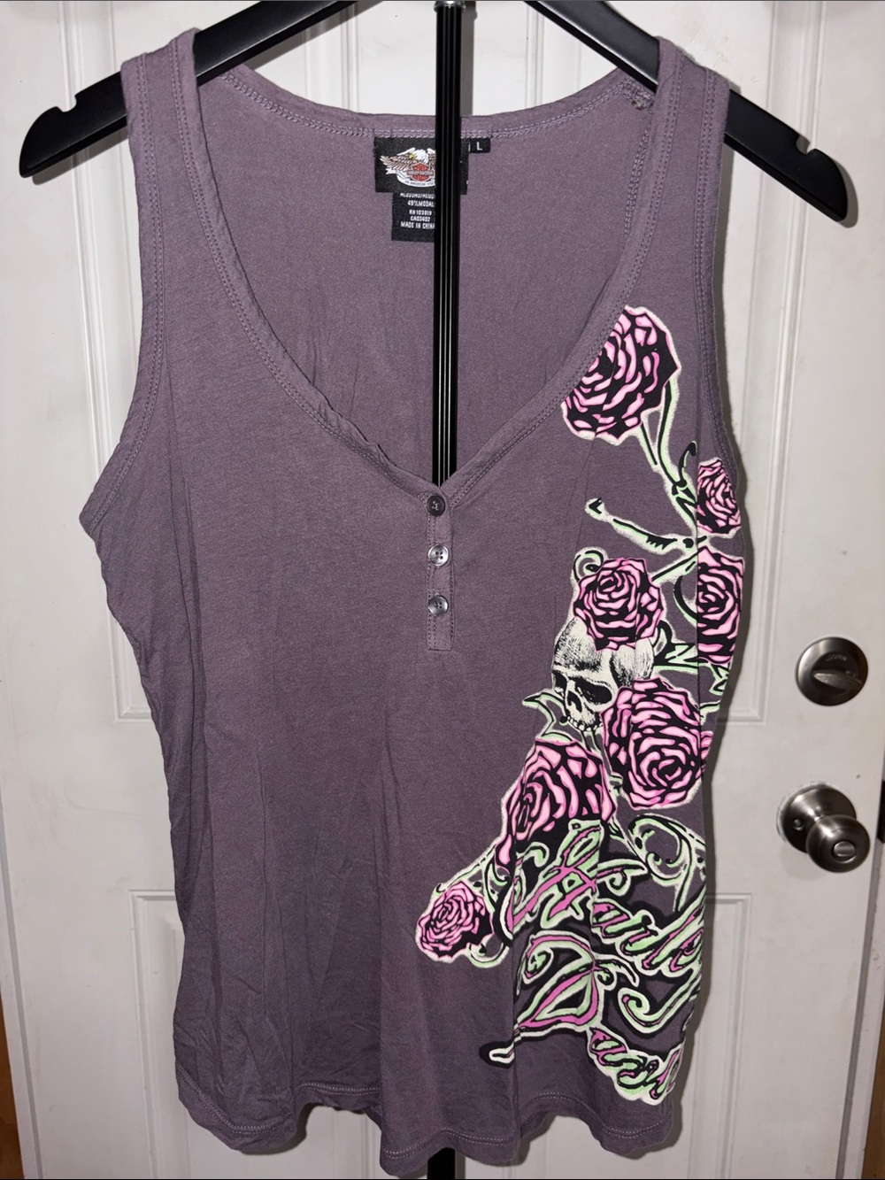 Harley Davidson Purple Henley Tank with Side Floral Graphic